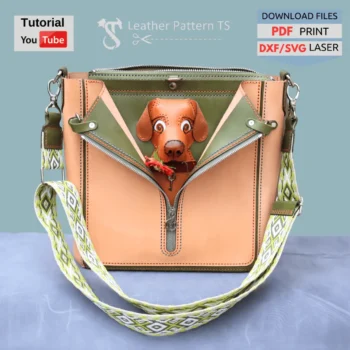 Leather bag pattern with dog face design – finished example made from template