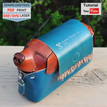 Perspective view of a finished project made from this Dog Leather Pattern, showing a sculptural sleeping puppy storage box.