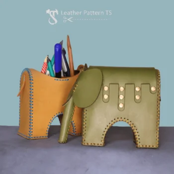 Leather elephant pen holder pattern side view with stitched details and rivets