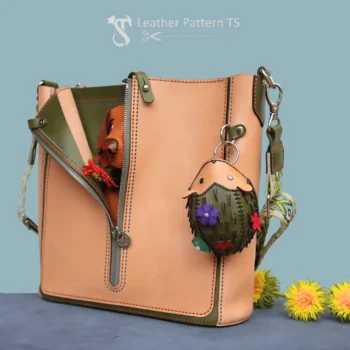 DIY leather bag pendant – hedgehog keychain template shown attached to bag