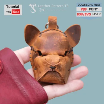 Leather bulldog pattern keychain – finished sample of dog head charm made from template