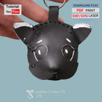 Leather cat charm pattern DIY keychain and backpack accessory with YouTube tutorial and download files PDF DXF SVG