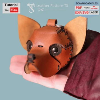 Leather chihuahua keychain pattern – finished example of dog head charm made from template