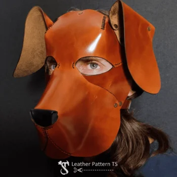 Puppy leather hood front view showing stitched brown panels and long ears