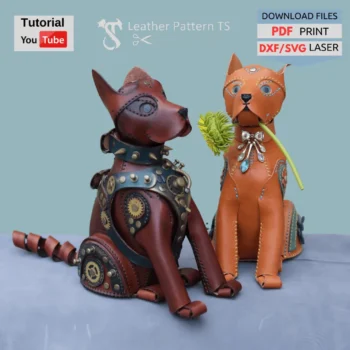 Front view of two leather dog piggy banks made from a leather dog piggy bank pattern — steampunk and floral designs. This is a PDF template for crafting, not a finished product.