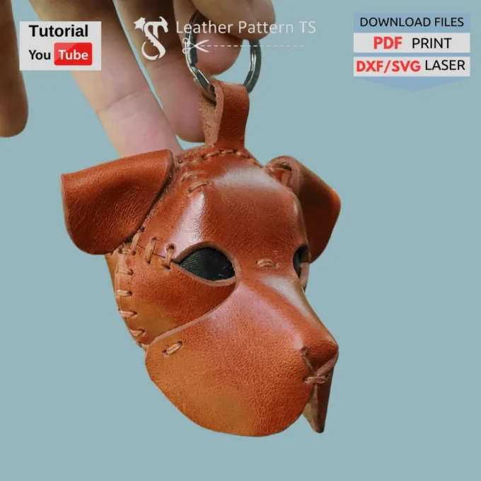 Leather pattern dog keychain – finished sample of handmade dog head charm from template