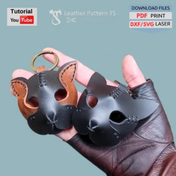 Simple leather cat keychain pattern easy DIY charm with YouTube tutorial and download files PDF SVG DXF
