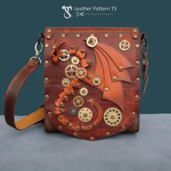 DIY dragon bag template side view with orange wings and brass rivets