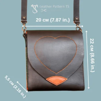 Handmade leather bag tutorial front view with heart shaped flap and size dimensions