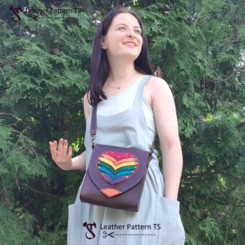 Printable heart bag pattern PDF handmade leather bag tutorial shown on model smiling