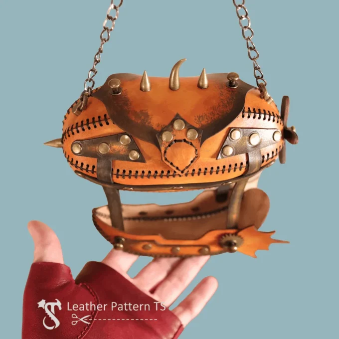 Handmade steampunk leather airship template front view with spikes and chain