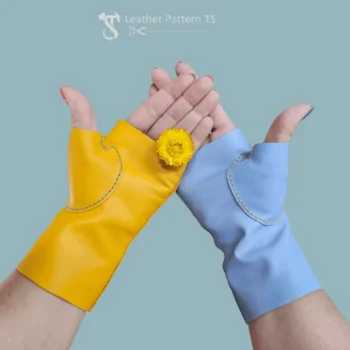 Leather fingerless gloves pattern bright yellow and blue gloves styled with flower