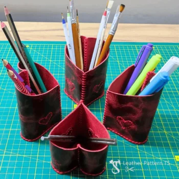 Leather heart pen holder pattern paired compartments with pencils and markers