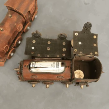 Leather locomotive box pattern open view with storage space for tools and coins