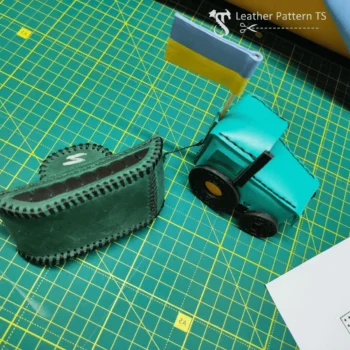 Leather tractor and tank pattern top view showing detailed stitched models