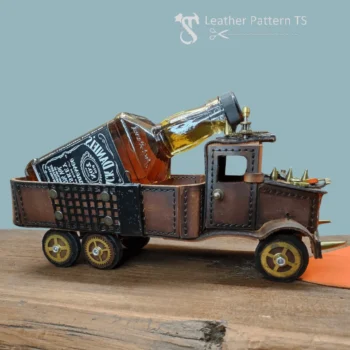Steampunk leather truck template side view holding bottle in cargo bed