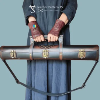 Leather tube bag pattern front view carried by both hands with shoulder strap