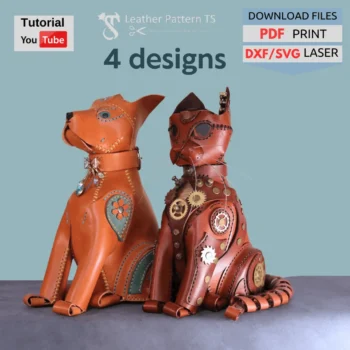 Set leather pattern cat dog piggy bank with DIY templates for printing and laser cutting. Includes steampunk & floral versions, video guide, and PDF/SVG/DXF.