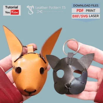Printable set leather pattern cat rabbit keychain with templates for laser or printer (PDF, SVG, DXF). Fun DIY animal charms with step-by-step videos.
