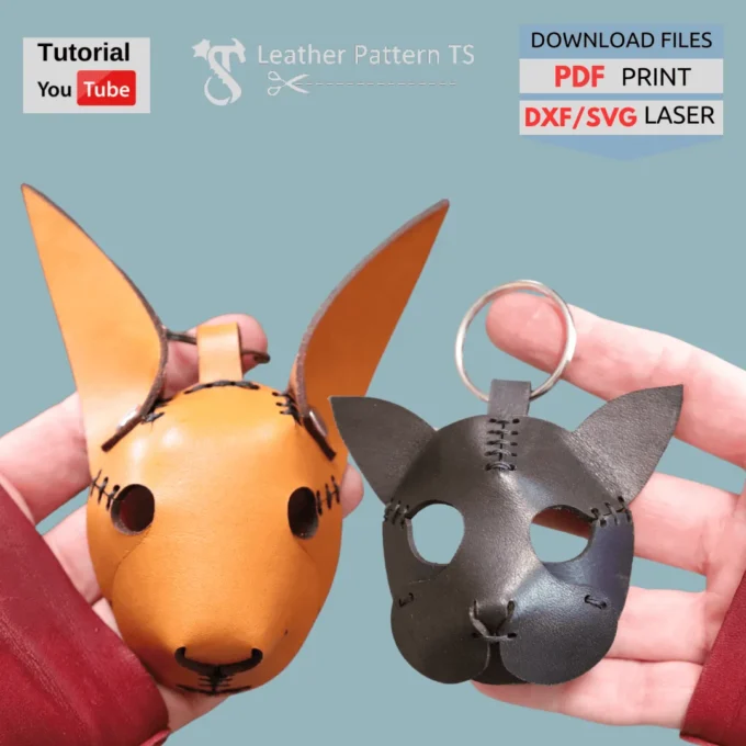 Printable set leather pattern cat rabbit keychain with templates for laser or printer (PDF, SVG, DXF). Fun DIY animal charms with step-by-step videos.