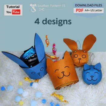 Printable set leather pattern cat rabbit toy basket with PDF files only. Includes step-by-step video guides for both soft toys and mini baskets.