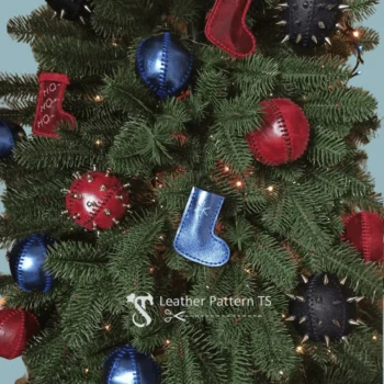 Printable leather ornament template red stitched ball hanging on Christmas tree