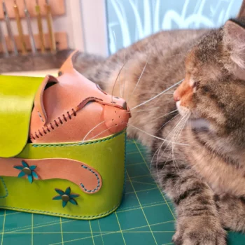 DIY cat leather bag pattern inspiration with sleeping cat design
